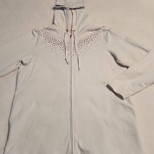 Quacker Factory EUC Rhinestone Embellished Zip Front Hoodie Light Gray Size Medi